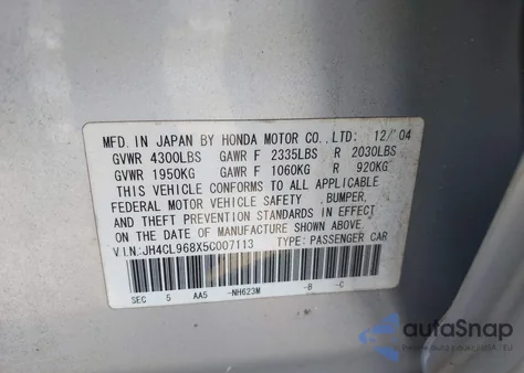 2005 Acura Tsx z USA, uszkodzony, nr VIN JH4CL968X5C007113